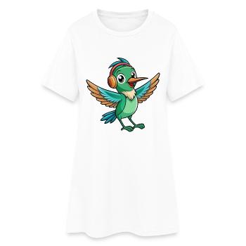 Hummingbird Funny Cartoon Animal Headphone Music - Women’s T-Shirt Dress - white - Front