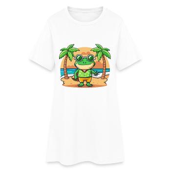 Frog Funny Cartoon Summer Beach Sunglasses - Women’s T-Shirt Dress - white - Front