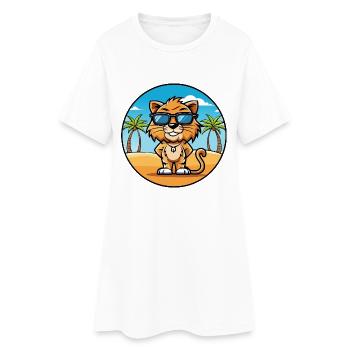 Liger Hybride Lion Tigre Chat Race Dessin Animé Plage - Robe T-shirt Femme - blanc - Devant