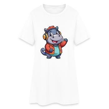 Hippo Funny Cartoon Character Headphone Music - Women’s T-Shirt Dress - white - Front