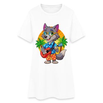 Lustige Wolf Cartoon Sommer Strand Sonnenbrille Gitarre - Frauen T-Shirt-Kleid - Weiß - Vorne