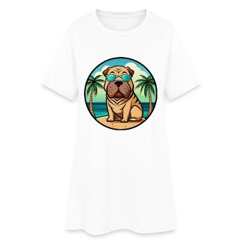 Chinesischer Shar Pei Hund Rasse Cartoon Sonnenbrille Strand - Frauen T-Shirt-Kleid - Weiß - Vorne