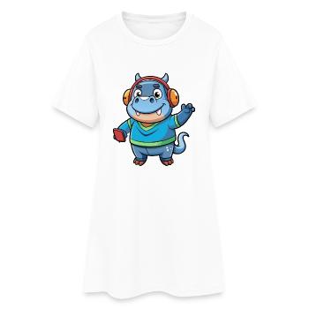 Hippo Funny Cartoon Character Headphone Music - Women’s T-Shirt Dress - white - Front