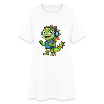 Iguana Funny Cartoon Character Headphone Music - Women’s T-Shirt Dress - white - Front