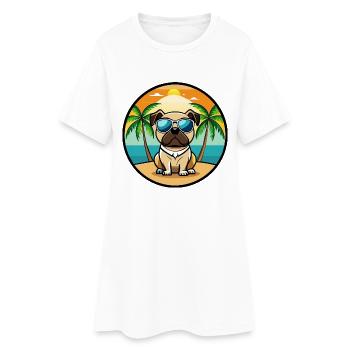 Mops Hund Lustig Cartoon Sommer Strand Sonnenbrille Cool - Frauen T-Shirt-Kleid - Weiß - Vorne