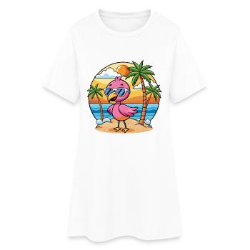 Flamingo Funny Cartoon Summer Beach Sunglasses - Women’s T-Shirt Dress - white - Front