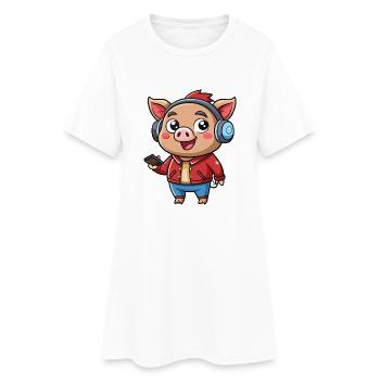 Cochon Drôle Dessin Animé Personnage Casque Musique - Robe T-shirt Femme - blanc - Devant