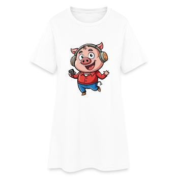 Cochon Drôle Dessin Animé Personnage Casque Musique - Robe T-shirt Femme - blanc - Devant