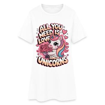 Tout ce dont vous avez besoin, c’est d’amour et de licornes - Robe T-shirt Femme - blanc - Devant