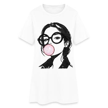 Frau mit Kaugummi Stickerei rosa und schwarz  - Frauen T-Shirt-Kleid - Weiß - Vorne