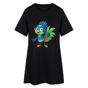 Peacock Funny Cartoon Character Headphone Music - Women’s T-Shirt Dress - black - Front