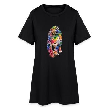 Mehrfarbiger Leopard - Frauen T-Shirt-Kleid - Schwarz - Vorne
