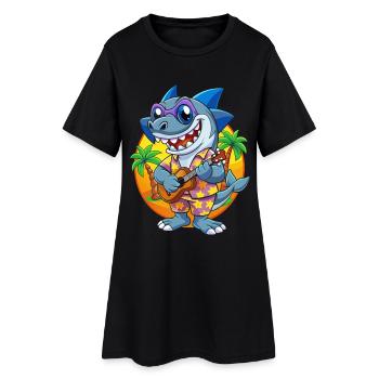 Lustige Hai Cartoon Sommer Strand Sonnenbrille Gitarre - Frauen T-Shirt-Kleid - Schwarz - Vorne