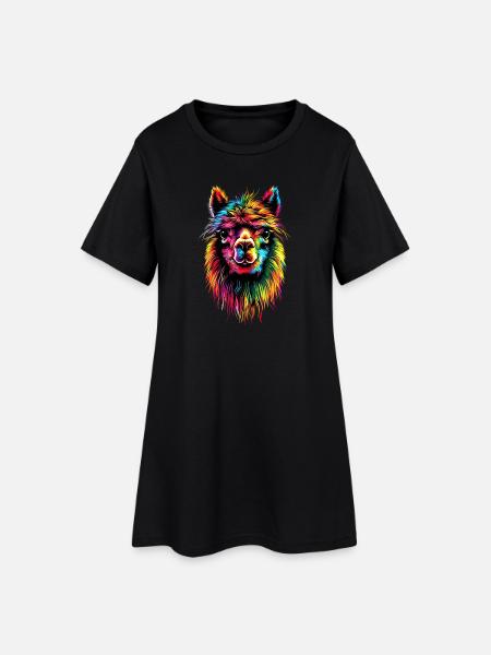 Alpaka Pop Art Bunte Farben Lama Regenbogen Alpaka - Frauen T-Shirt-Kleid - Schwarz