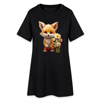 Süsser Fuchs mit Blumen – Kleiner Glücksbringer - Frauen T-Shirt-Kleid - Schwarz - Vorne