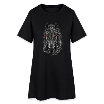 Porträt eines Pferdes in feinen weißen Linien - Frauen T-Shirt-Kleid - Schwarz - Vorne