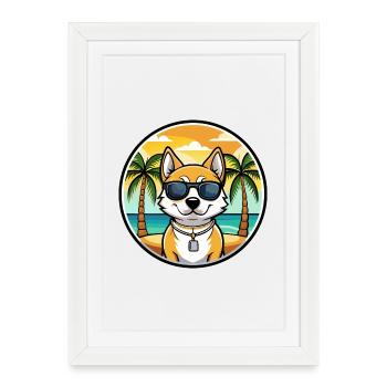 Terrier japonais chien race dessin animé lunettes de soleil plage - Affiche encadrée (27 × 37 cm) - blanc - Devant