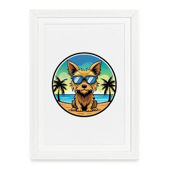 Australian Silky Terrier Chien Race Cartoon Beach - Affiche encadrée (27 × 37 cm) - blanc - Devant