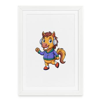 Cheval Drôle Dessin Animé Personnage Casque Musique - Affiche encadrée (27 × 37 cm) - blanc - Devant