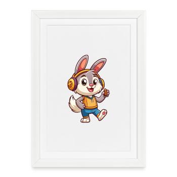 Lapin Drôle Dessin Animé Personnage Casque Musique - Affiche encadrée (27 × 37 cm) - blanc - Devant