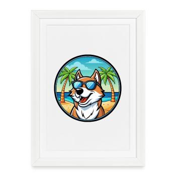 Chien courant tricolore sibérien race chien dessin animé plage - Affiche encadrée (27 × 37 cm) - blanc - Devant