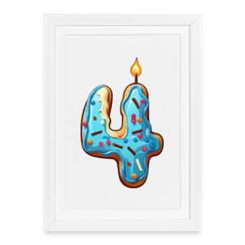 GÂTEAU NUMÉRO 4 SWEET 4ÈME ANNIVERSAIRE - Affiche encadrée (27 × 37 cm) - blanc - Devant