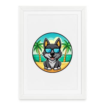 Black Norwegian Elkhound Dog Breed Cartoon Beach - Framed poster (27 × 37 cm) - white - Front