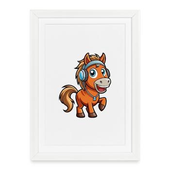Cheval Drôle Dessin Animé Personnage Casque Musique - Affiche encadrée (27 × 37 cm) - blanc - Devant