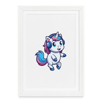 Licorne Funny Cartoon Character Casque Musique - Affiche encadrée (27 × 37 cm) - blanc - Devant