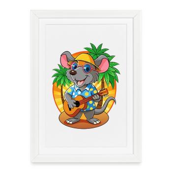 Drôle Rat Dessin Animé Plage D’été Lunettes De Soleil Guitare - Affiche encadrée (27 × 37 cm) - blanc - Devant