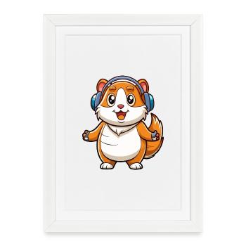 Cochon d’Inde Drôle Dessin Animé Personnage Casque Musique - Affiche encadrée (27 × 37 cm) - blanc - Devant
