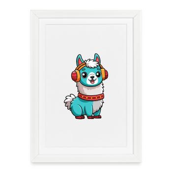 Lama Funny Cartoon Character Casquephone Musique - Affiche encadrée (27 × 37 cm) - blanc - Devant