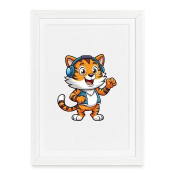 Tiger Funny Cartoon Character Musique de casque - Affiche encadrée (27 × 37 cm) - blanc - Devant