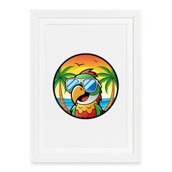 Perroquet Drôle Dessin Animé Plage Été Lunettes De Soleil Cool - Affiche encadrée (27 × 37 cm) - blanc - Devant