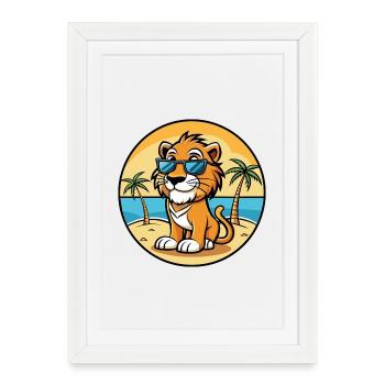Liger Hybrid Lion Tiger Cat Breed Cartoon Beach - Framed poster (27 × 37 cm) - white - Front
