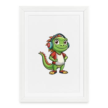 Iguane Funny Cartoon Character Musique de casque - Affiche encadrée (27 × 37 cm) - blanc - Devant