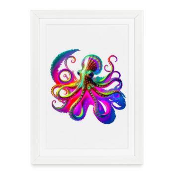 Psychedelic Neon Octopus - Framed poster (27 × 37 cm) - white - Front