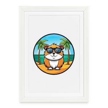 Cochon d’Inde Drôle Dessin Animé Plage Été Lunettes de soleil - Affiche encadrée (27 × 37 cm) - blanc - Devant