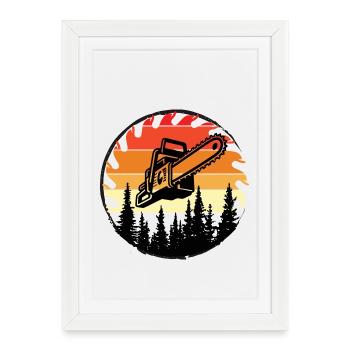 Retro Forest Chainsaw Sunset - Framed poster (27 × 37 cm) - white - Front