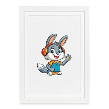 Lapin Drôle Dessin Animé Personnage Casque Musique - Affiche encadrée (27 × 37 cm) - blanc - Devant