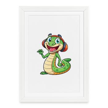 Serpent Drôle Dessin Animé Personnage Casque Musique - Affiche encadrée (27 × 37 cm) - blanc - Devant