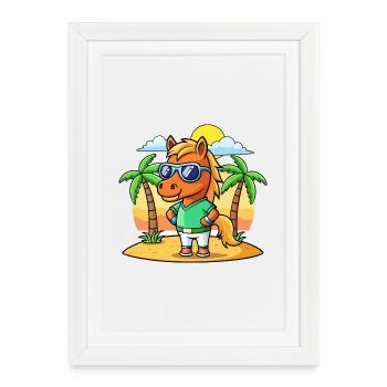 Cheval Drôle Dessin Animé Plage Été Lunettes de soleil - Affiche encadrée (27 × 37 cm) - blanc - Devant