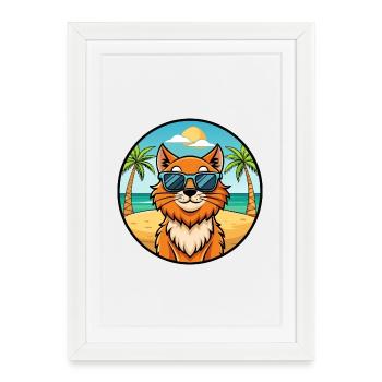 Ginger Longhair Cat Breed Cartoon Sunglasses Beach - Framed poster (27 × 37 cm) - white - Front