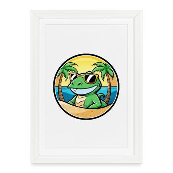 Lézard Drôle Dessin Animé Plage D’été Lunettes De Soleil Cool - Affiche encadrée (27 × 37 cm) - blanc - Devant