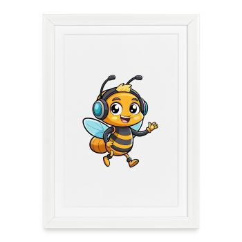 Bee Funny Cartoon Character Musique de casque - Affiche encadrée (27 × 37 cm) - blanc - Devant