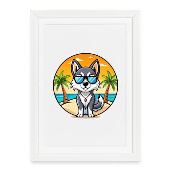 Alaskan Klee Kai Chien Race Dessin Animé Lunettes De Soleil Plage - Affiche encadrée (27 × 37 cm) - blanc - Devant