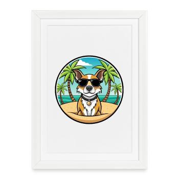 Braque Auvergne Chien Race Dessin Animé Lunettes de Soleil Plage - Affiche encadrée (27 × 37 cm) - blanc - Devant