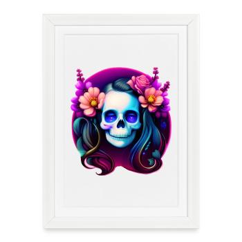 Dame du Crâne Mystique aux Fleurs – Néon Gothique - Affiche encadrée (27 × 37 cm) - blanc - Devant