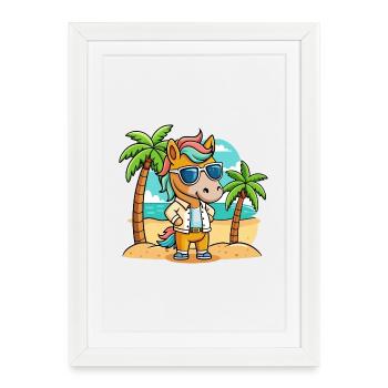 Cheval Drôle Dessin Animé Plage Été Lunettes de soleil - Affiche encadrée (27 × 37 cm) - blanc - Devant