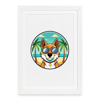 Arlequin russe Chien de race de chien dessin animé plage - Affiche encadrée (27 × 37 cm) - blanc - Devant